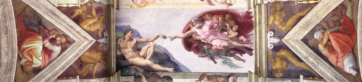 A bay of the Sistine Chapel ceiling showing Michelangelo's Genesis panels, prophets and ignudi
