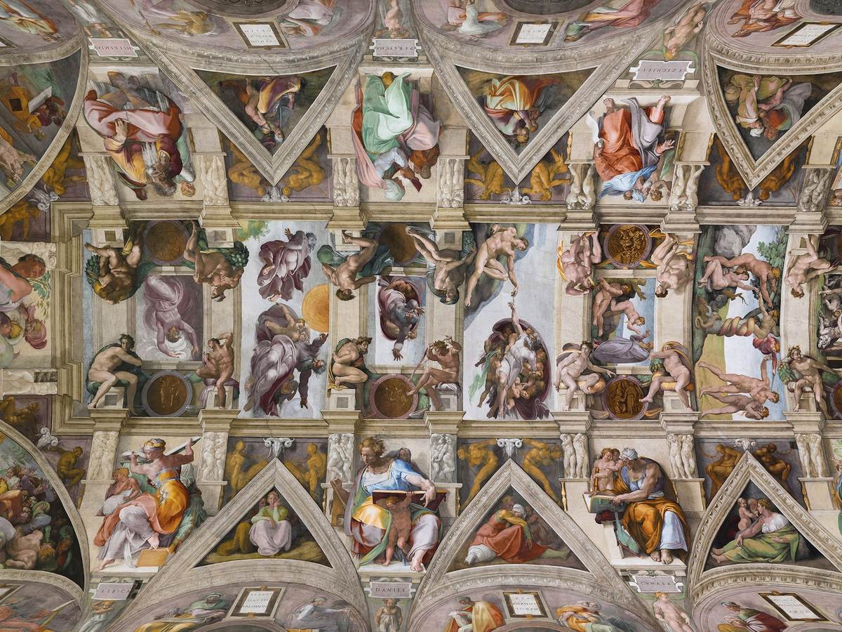 The Sistine Chapel ceiling frescoed by Michelangelo, seen from the chapel floor in Vatican City